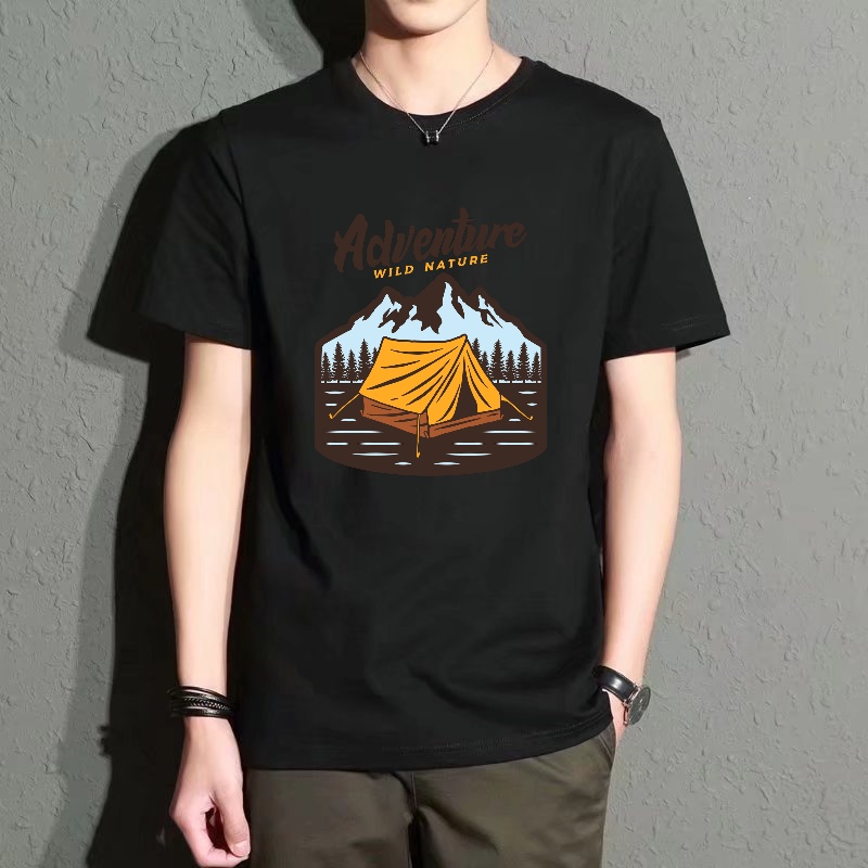 Outdoor Adventure Outfit - Men's Black Round-Neck Short-Sleeved T-Shirt, Outdoor