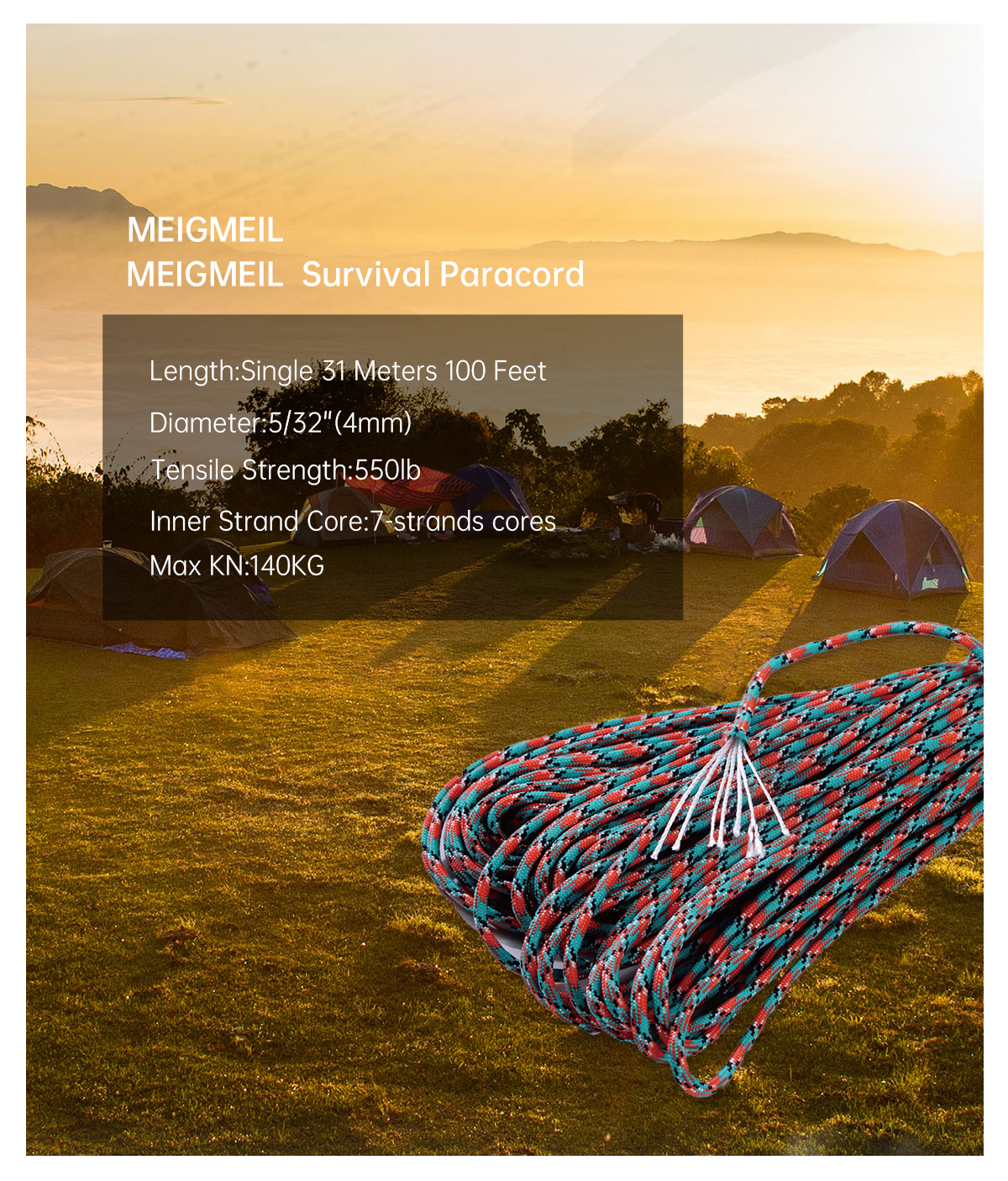 1pcs 550 Paracord Parchute Cor - مراجعة Paracord 550 Feet وسعره